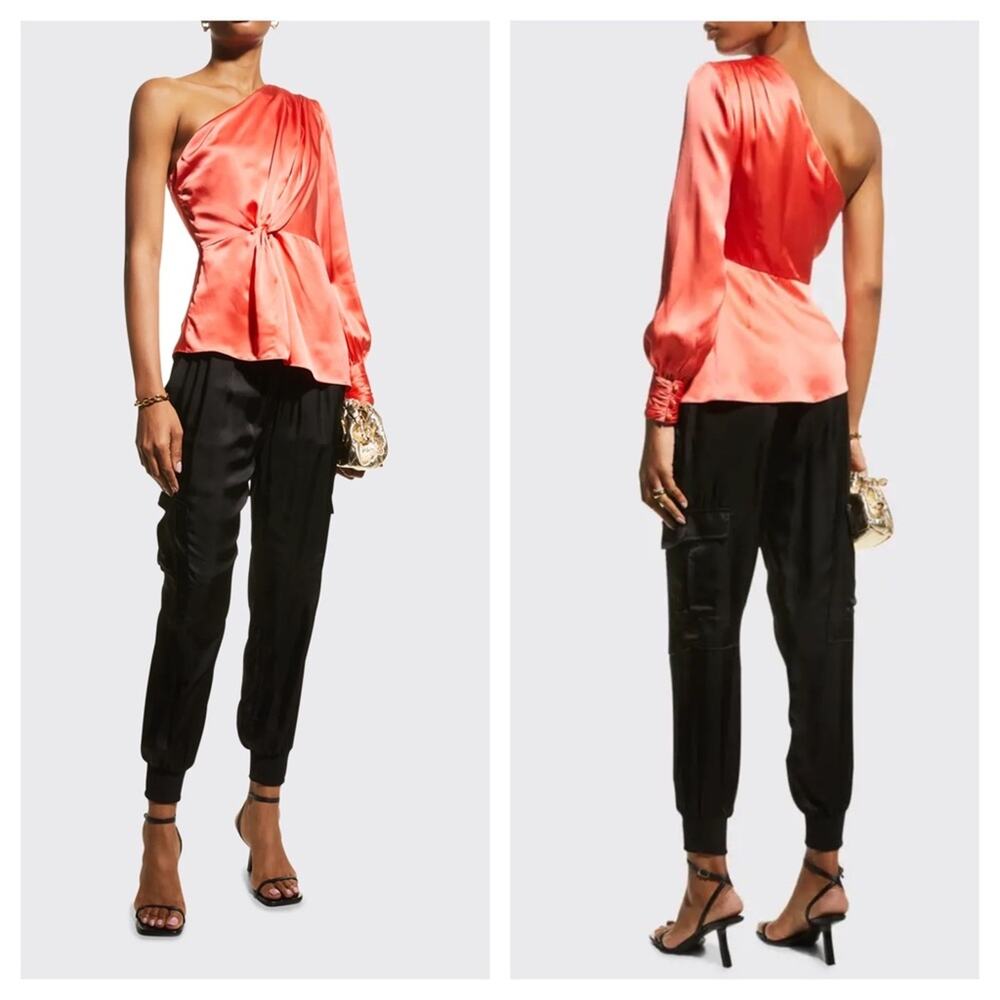 NWT Cinq A Sept Stace Coral Pink One Shoulder 100% Silk Satin Blouse Medium